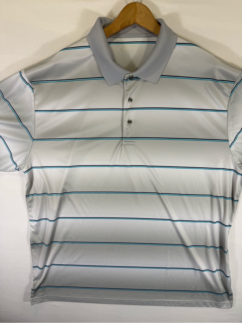 Ben Hogan White & Light Gray Striped Golf Polo with Teal Accents